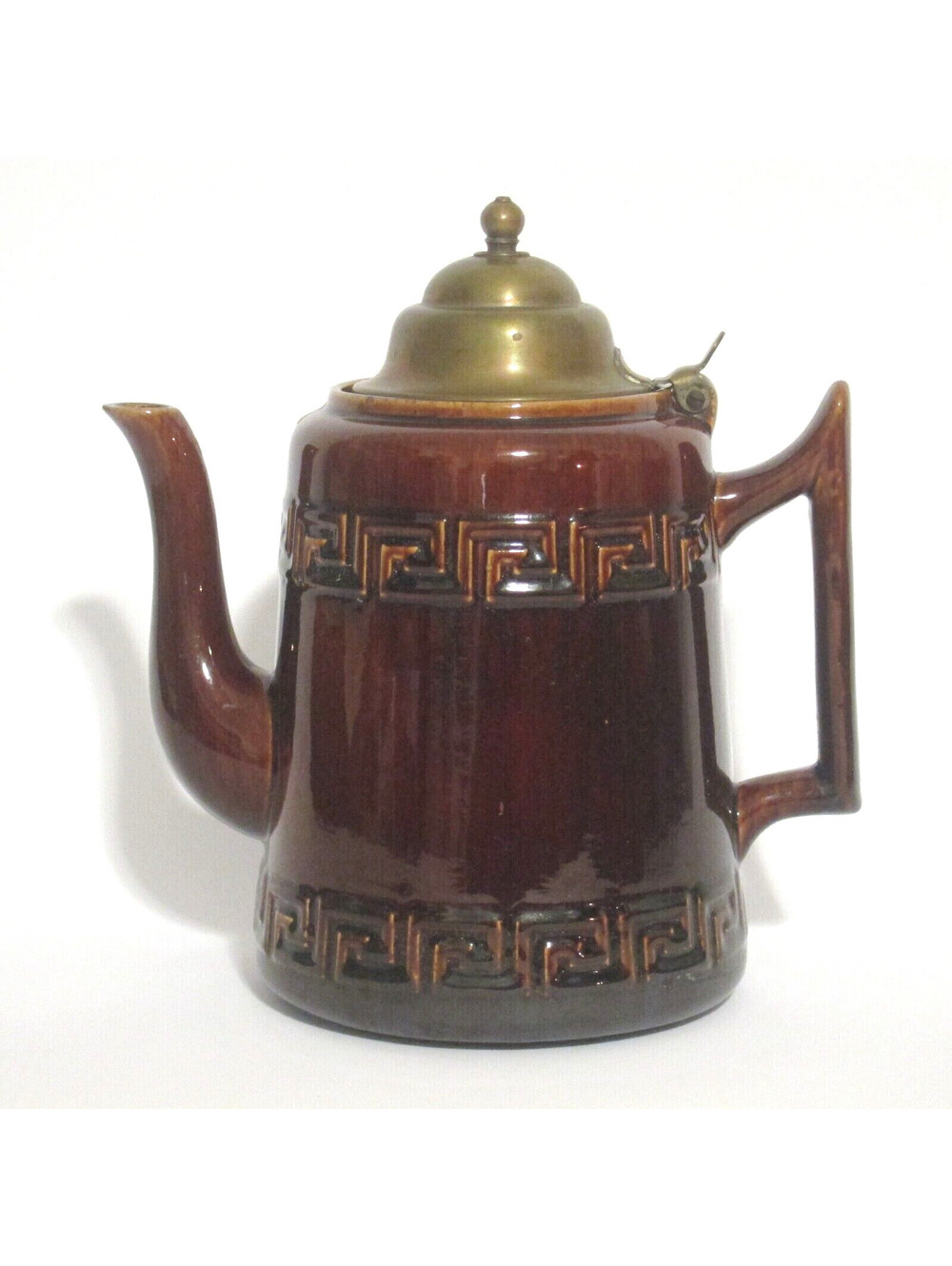 Vintage Brown Pottery Coffee Pot Brass Lid Greek Key Pattern Mid-Century Modern